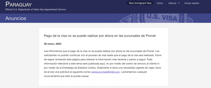Dificultades en el proceso de pagos vinculados a visas para Estados Unidos impiden trámites en Embajada 